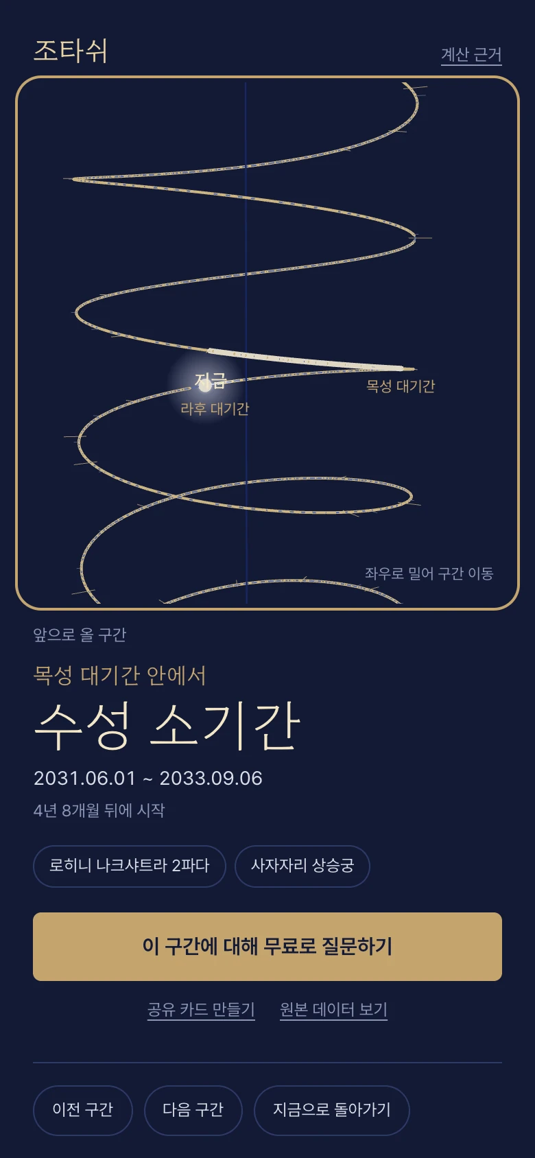 조타쉬 인생 구간 타임라인에서 앞으로 올 수성 소기간을 본 화면.
